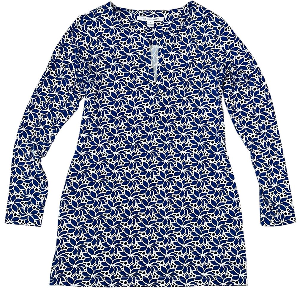 DVF Diane Von Furstenberg DVF Reina Blue Floral Print Long Sleeve Shift Dress